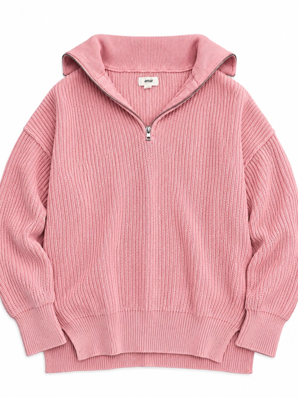 aerie Pink Half-Zip Chunky Knit Turtleneck Sweater